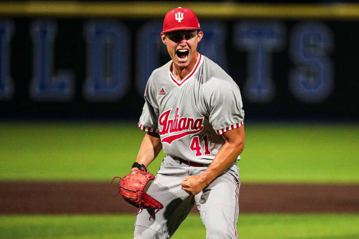 Indiana senior left-handed pitcher Ty Bothwell celebrates a strikeout against West Virginia during the NCAA Tournament regionals at Kentucky Proud Park in Lexington, Ky. on Friday.